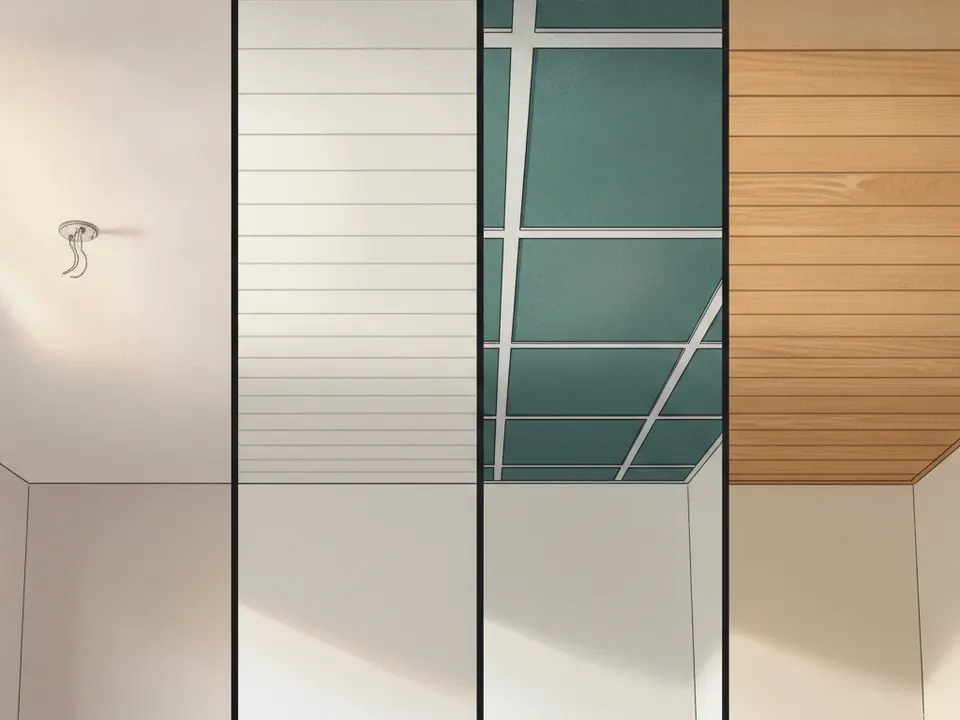 Ilustración comparativa de acabados de cielo raso: gypsum liso, tablilla de PVC, baldosa y madera